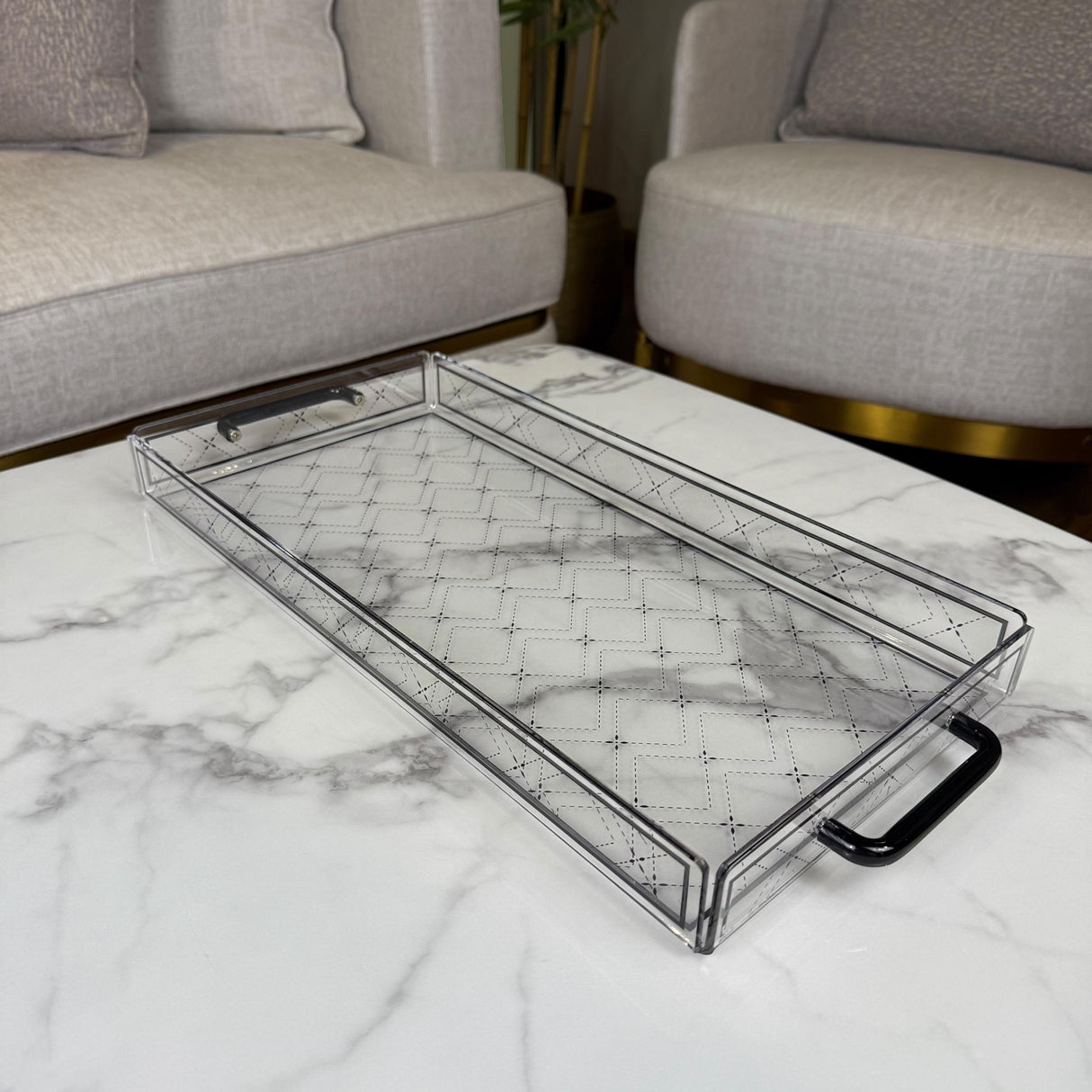 صينية أكريليك بنقشة راقية ومقابض سوده – حجمين