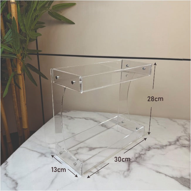 ستاند عرض طبقتين أكريليك شفاف – تصميم منحني أنيق