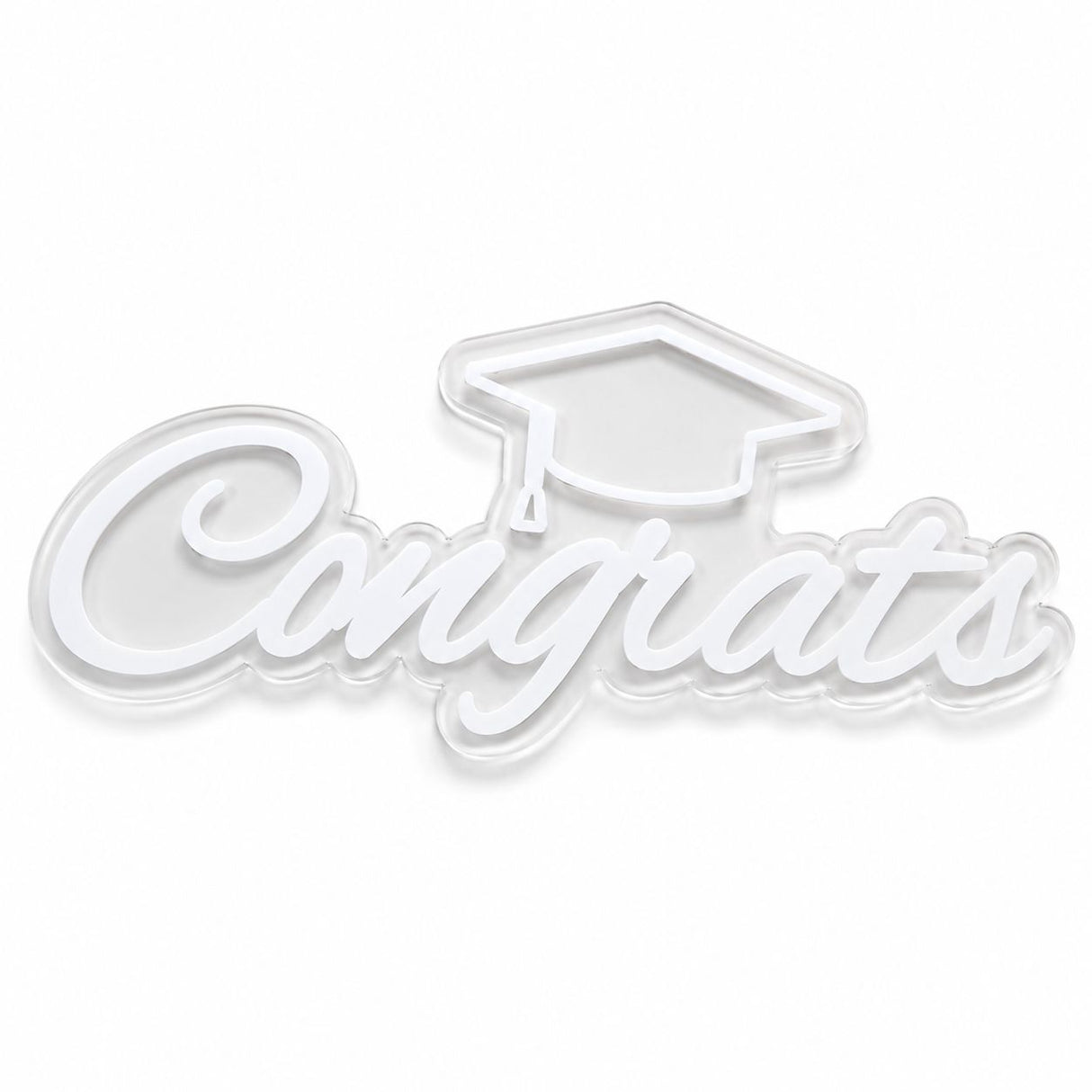 Clear acrylic Congrats graduation sign with white acrylic lettering and graduation cap design
