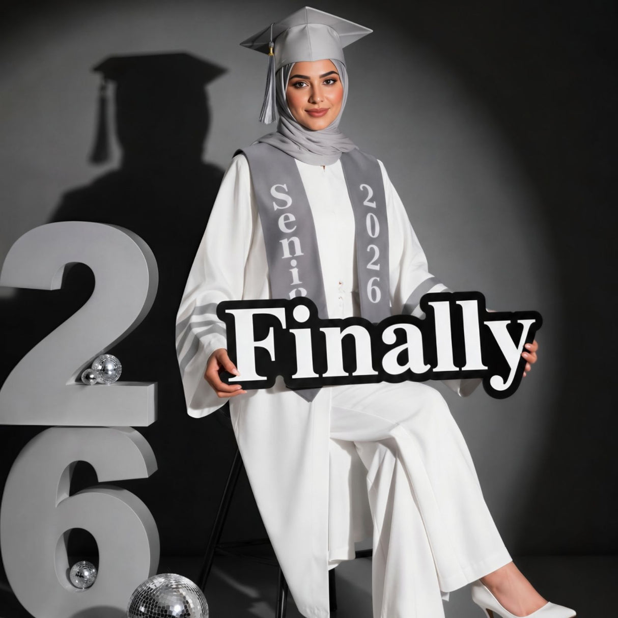 black acrylic graduation sign with finally text and white acrylic letters by Hams