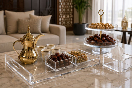 Premium clear acrylic hospitality products including 4mm serving tray, date stand and tissue box for luxury Arabic hospitality in the UAE