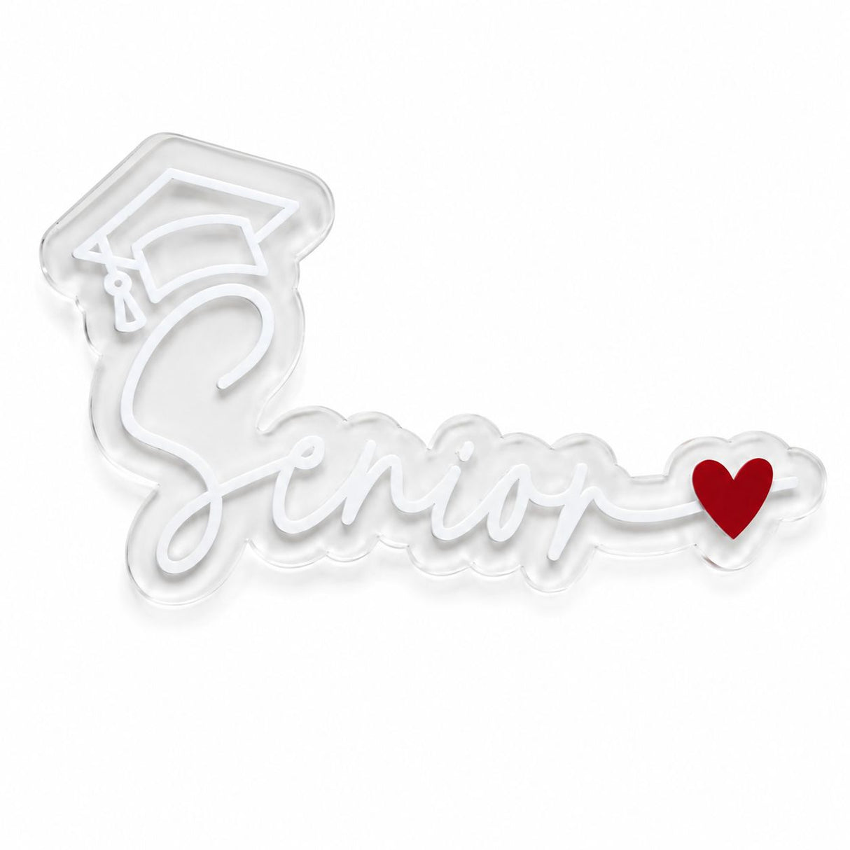 Clear acrylic Senior graduation sign with white acrylic script, graduation cap, and red heart.