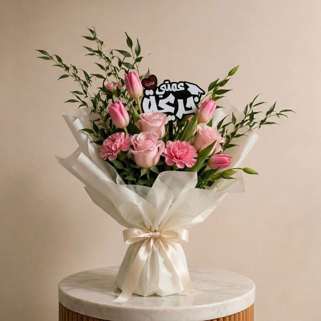 Luxury graduation bouquet with acrylic topper reading "عمتي احلى خريجة" for celebrating aunt graduation in UAE