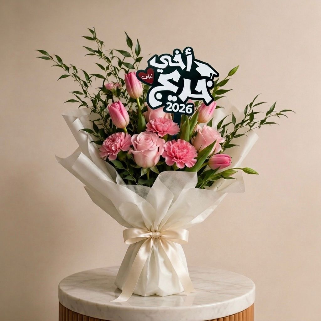 Luxury graduation bouquet with acrylic topper reading "اخي احلى خريج" for celebrating brother graduation in UAE