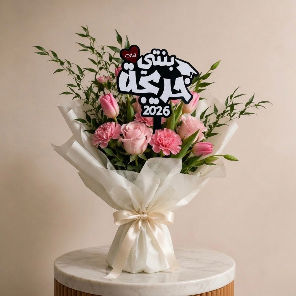Luxury graduation bouquet with acrylic topper reading "بنتي احلى خريجة" for celebrating daughter graduation in UAE