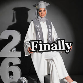 black acrylic graduation sign with finally text and white acrylic letters by Hams