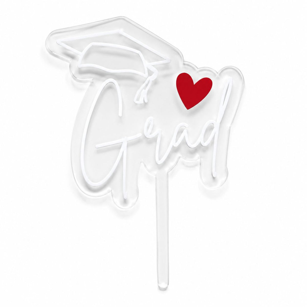 Clear acrylic Grad cake topper with white acrylic lettering, graduation cap, and red heart.