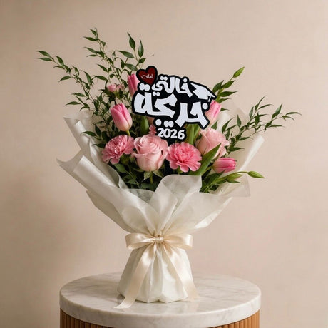 Luxury graduation bouquet with acrylic topper reading "خالتي احلى خريجة" for celebrating maternal aunt graduation in UAE