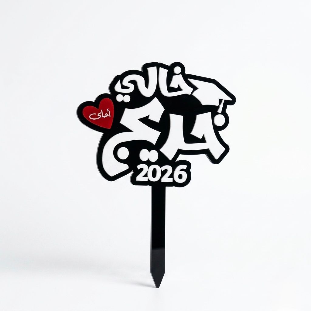Black and white acrylic graduation topper reading "خالي احلى خريج", suitable for flower bouquets and graduation photo props in UAE
