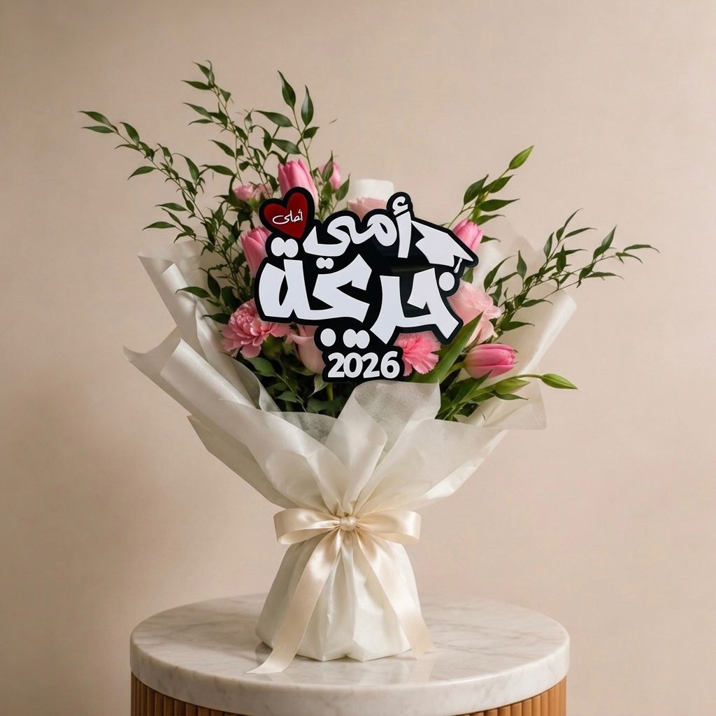 Luxury graduation bouquet with acrylic topper reading "امي احلى خريجة" for celebrating mother graduation in UAE
