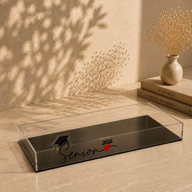 clear and black acrylic graduation tray with senior 2026 design by Hams