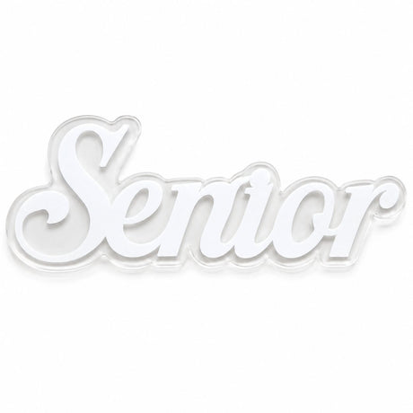 Clear acrylic Senior sign with raised white acrylic lettering on a clean white studio background.