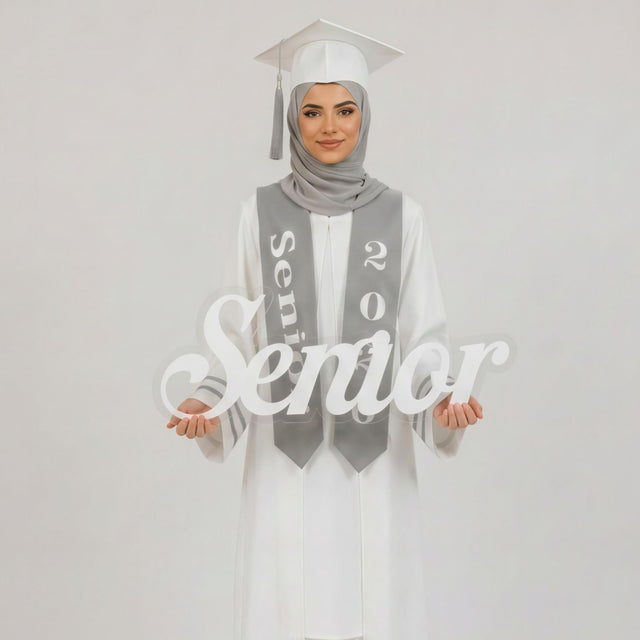 transparent acrylic senior graduation sign with white acrylic lettering by Hams