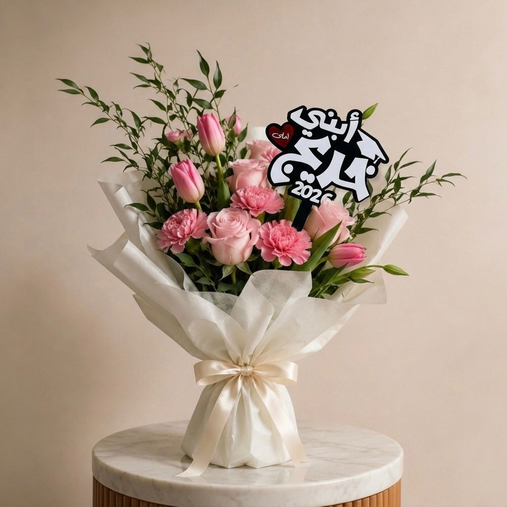 Luxury graduation bouquet with acrylic topper reading "ابني احلى خريج" for celebrating son graduation in UAE