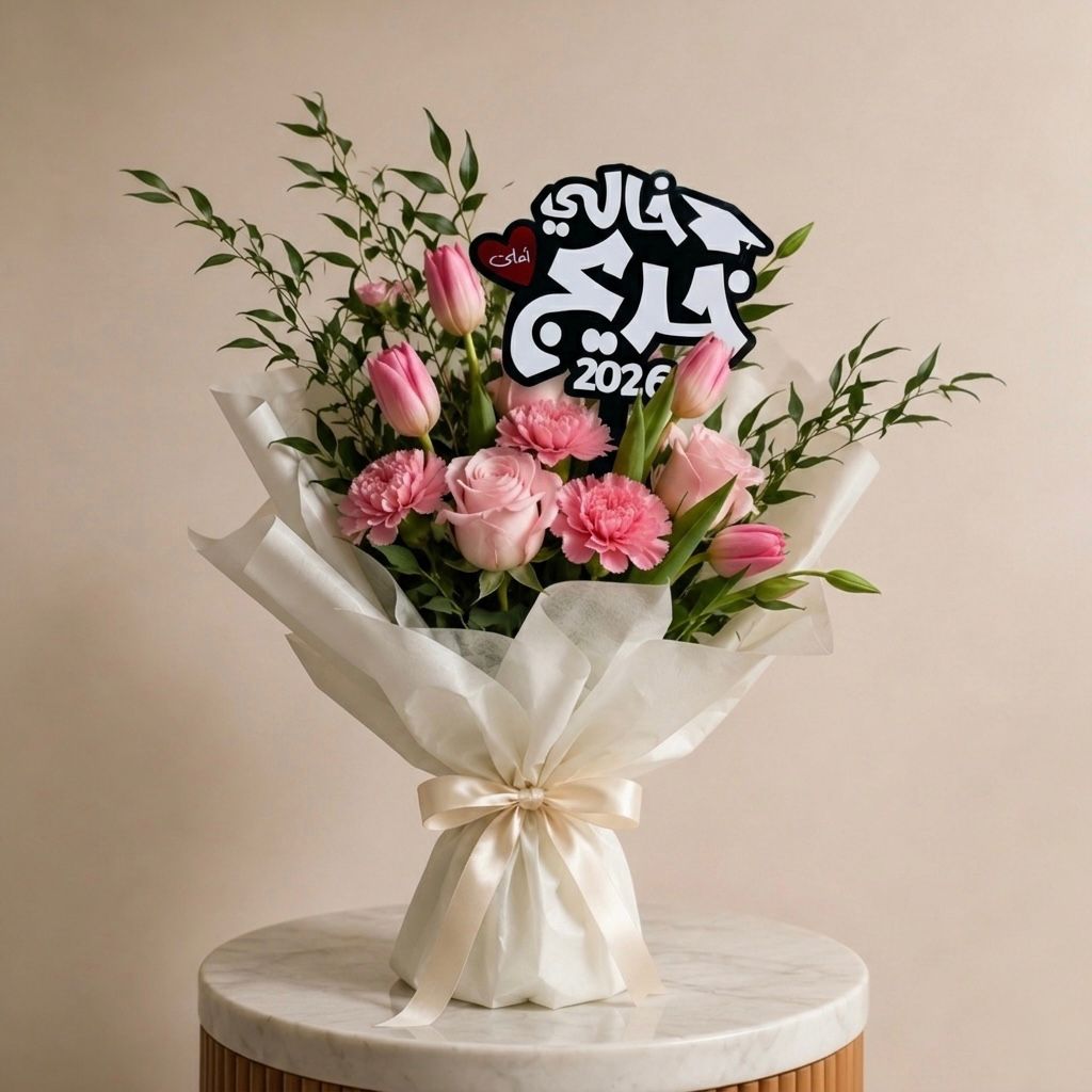 Luxury graduation bouquet with acrylic topper reading "خالي احلى خريج" for celebrating maternal uncle graduation in UAE